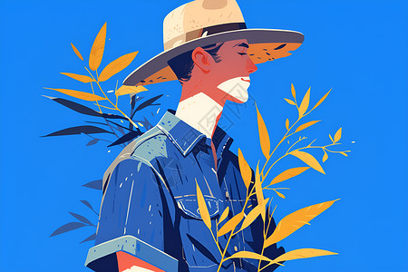 赖艺帅气写真男子戴草帽手持植物插画