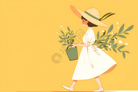 白色草帽拿着绿色植物的女孩插画