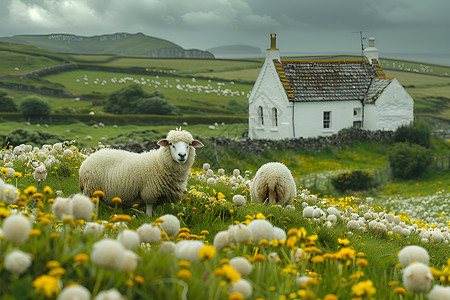 春日牧场的羊群高清图片