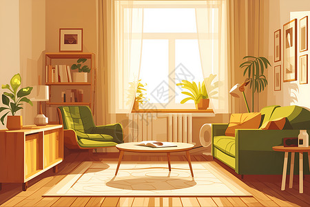 公寓房间温馨奶油色调的公寓客厅插画
