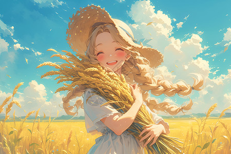 小麦种植田间小女孩插画