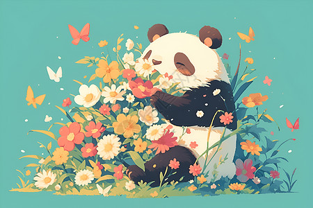 国宝可爱的熊猫拿着花插画