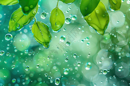 绿色水滴对话框清晰的水滴落在叶子上插画