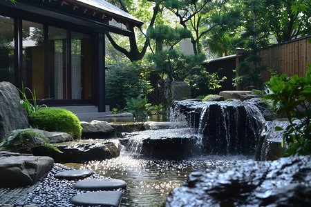 草坪院子花园中的小瀑布背景