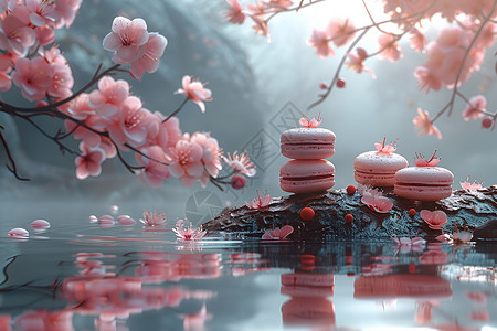 民俗美食花石上的甜美粉色蛋糕设计图片