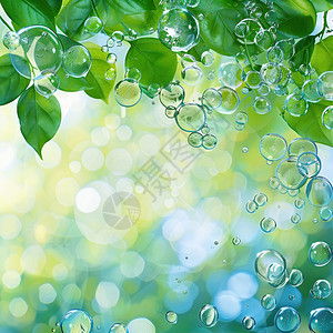 纯蓝气泡水珠绿叶上漂浮着气泡插画