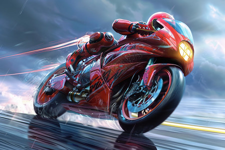 赛道超车红色摩托车在云雾中沿着赛道行驶插画