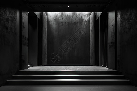 黑色漂浮光芒黑暗房间中有三层楼梯背景