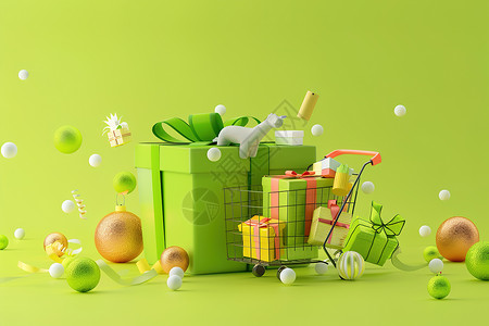 绿色礼盒五彩斑斓的购物车插画