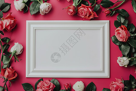 中国风花卉边框玫瑰花与画框背景