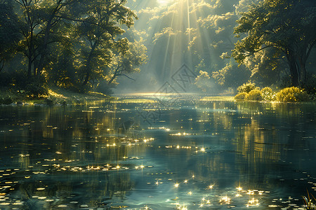 阳光穿过树林映照在水面上插画