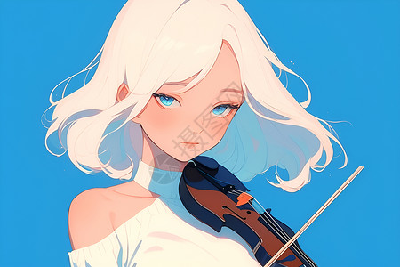 拉小提琴的美女白发蓝眸的少女与小提琴插画
