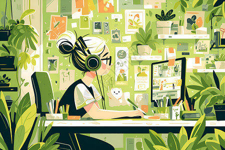 商务女人在办公女孩在绿植中办公插画
