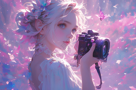 定焦拍摄大光圈梦幻之林中的紫相机女郎插画