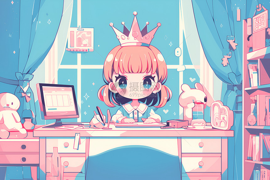 戴着皇冠的小公主坐在书桌前图片
