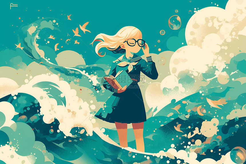 海浪里拿着书本的女孩图片