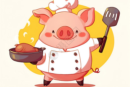 锅铲卡通拿着锅铲的可爱小猪插画