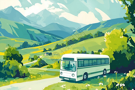 穿越山间道路的巴士插画