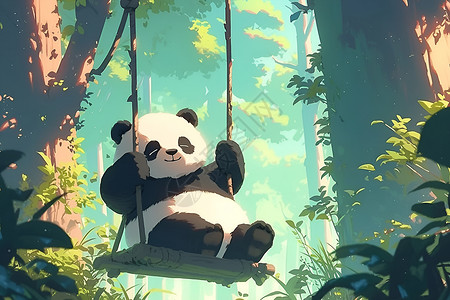 户外荡秋千的可爱熊猫高清图片