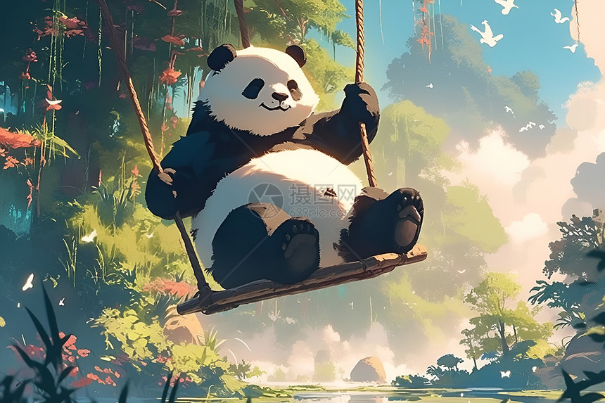 森林中荡秋千的可爱熊猫图片
