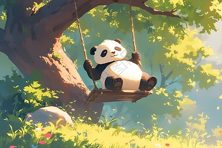熊猫插画森林中荡秋千的熊猫插画