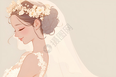 温柔色彩身着花环与白色婚纱的新娘插画