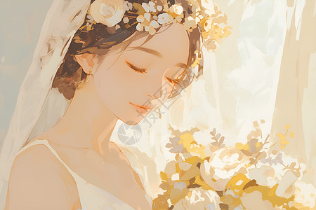 幸福新娘捧花拿着捧花的新娘插画