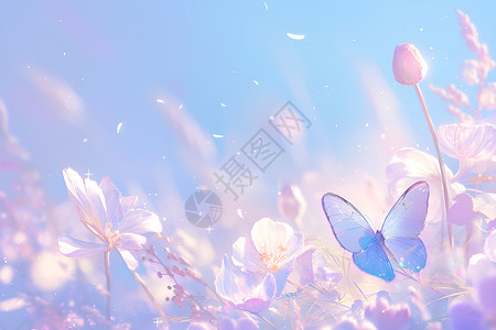梦幻的春天花丛中的蝴蝶插画