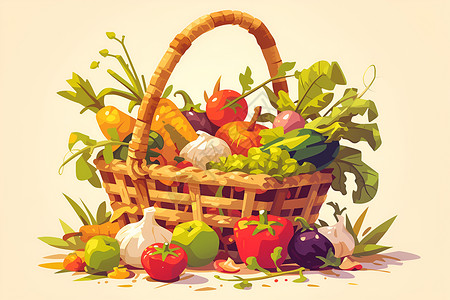 蔬菜果蔬篮子里丰富的果蔬插画