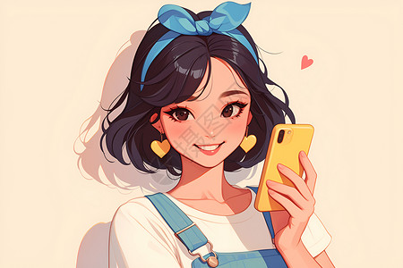 手机蓝色背景戴着蓝色发带拿着手机的女孩插画