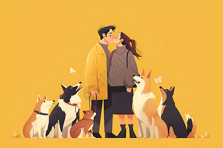 夫妻和一群宠物狗插画