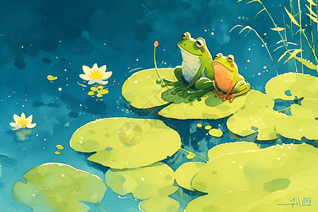 青蛙蹲在荷叶上三只绿蛙在莲叶上插画