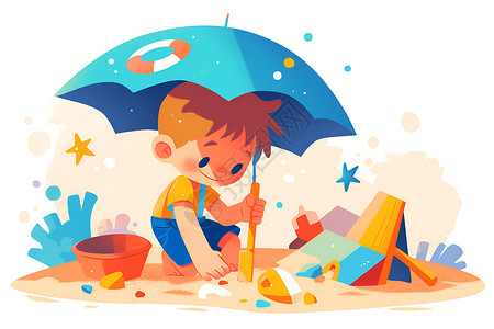 男孩撑着伞玩沙插画