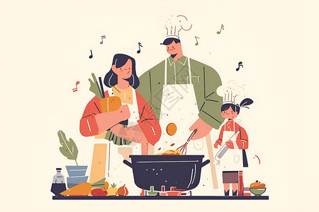 温馨的家庭厨艺展示插画