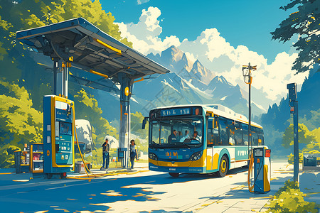 乘客电动公交车插画