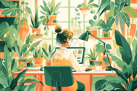 电脑绿植女孩办公室的绿植插画