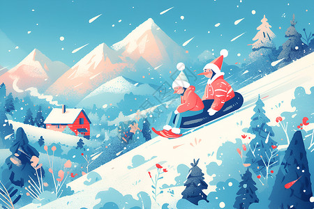 青山中的房子雪山中滑雪的人物插画