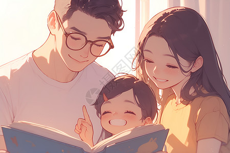 一家三口一起刷墙一起看书的家庭插画
