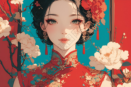 红旗袍传统华服少女在红墙前插画