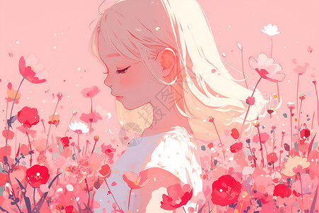 粉色花卉花丛粉色花海里的女孩插画