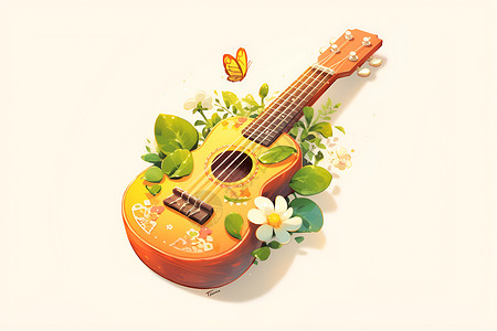 吉他尤克里里尤克里里上的花朵插画