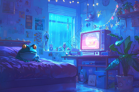 大电视卧室床上看电视的青蛙插画