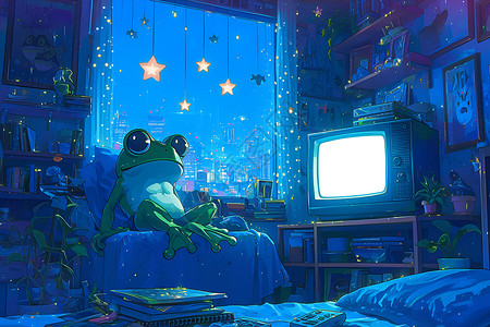 大电视青蛙在沙发上看电视插画
