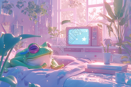 大电视床上看电视的青蛙插画