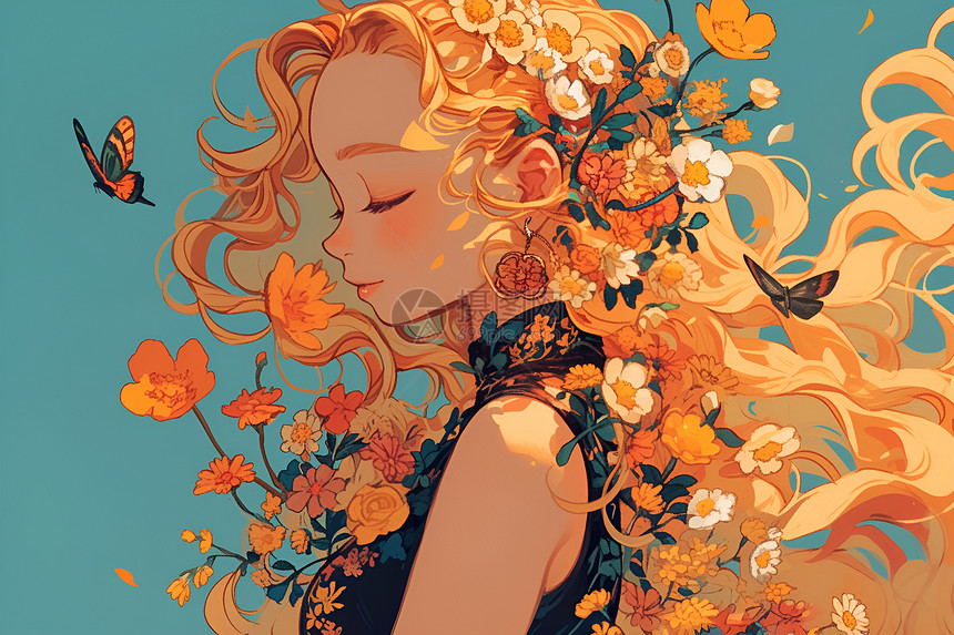 金发女孩头上的花朵图片