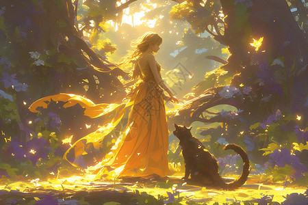 少女与猫咪探索神秘森林背景图片