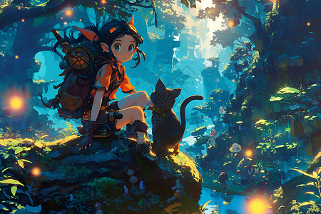 森林岩石上的女孩和猫咪背景图片