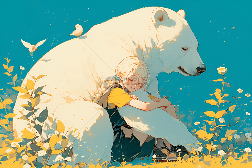 森林草地上的女孩和白熊图片
