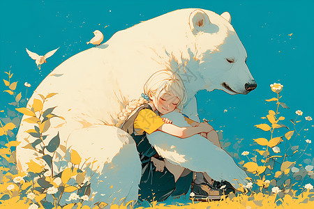 森林草地上的女孩和白熊背景图片
