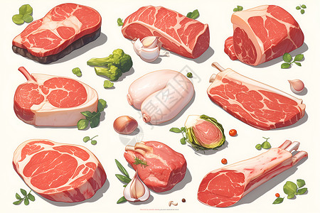 炸猪肉肉类与蔬菜插画